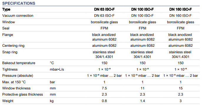 Specifications viewport DN63 ISO-F DN100ISO-F DN160ISOF